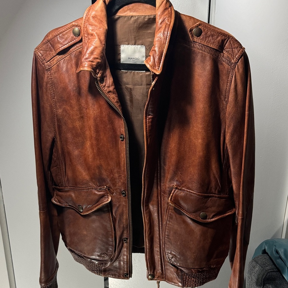 Mango Men's Tan Leather Bomber Jacket